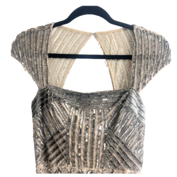 Adrianna Papell Nude Cap Sleeve Beaded Dress Size 4 Square Neck - Picture 2 of 5